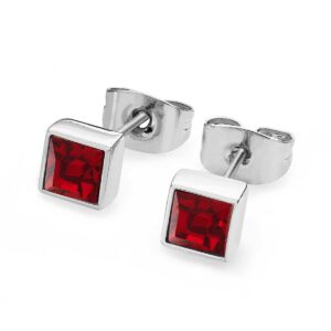 July - Silver Square Birthstone Earrings - Ruby Crystal